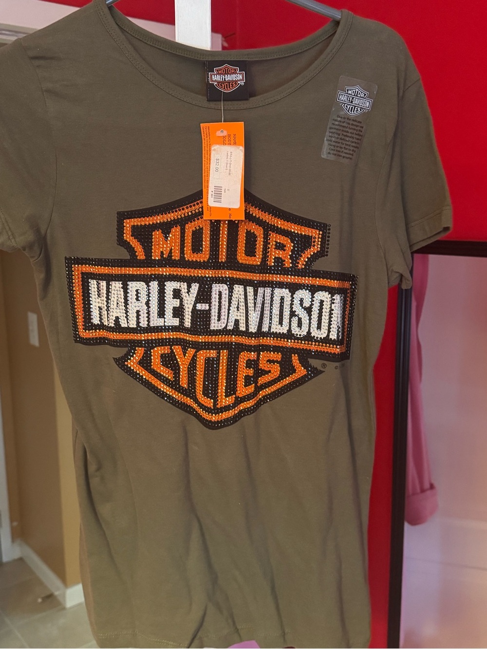 Harley-Davidson Olive Green Tee with Orange and White Logo - Picture 2 of 3